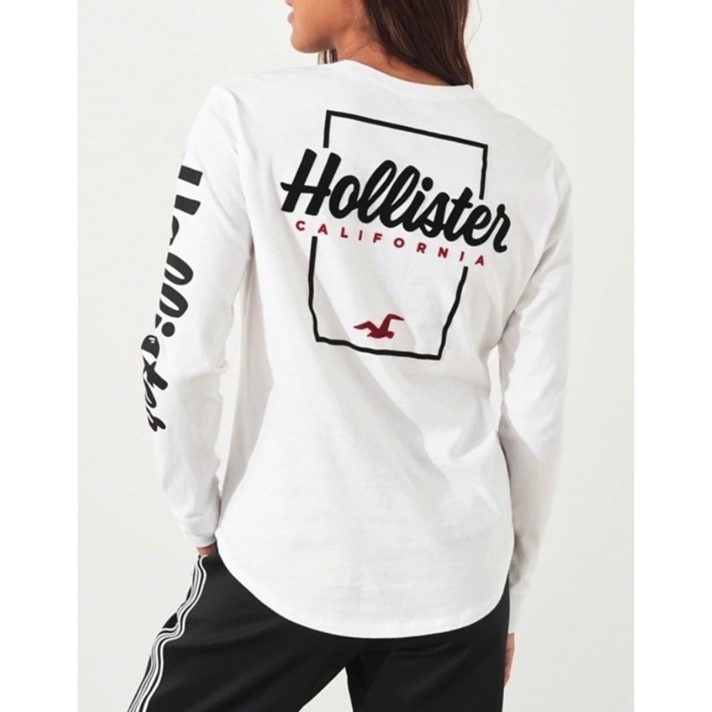 Hollister California White Long Sleeve Graphic Tee Curved Hem - XS